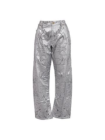 Versace Versace Baroque-Print Barrel Jeans in Metallic Silver Cotton (view 1)