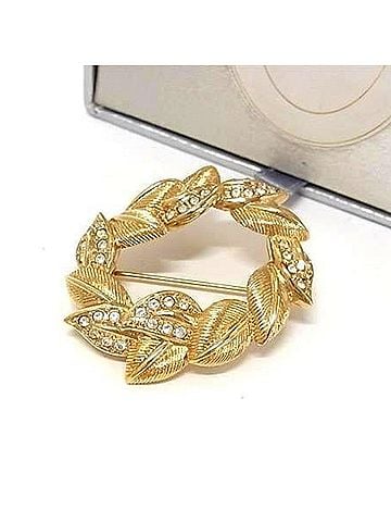 Christian Dior Christian Dior Brooch, Leaf Wreath, Gold Metal, Rhinestone, Women's (view 1)