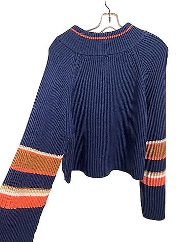 Free People Striped Half Zip Ribbed Knit Blue Pink Tan Size M Pullover Sweater (view 2)