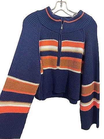 Free People Striped Half Zip Ribbed Knit Blue Pink Tan Size M Pullover Sweater (view 1)