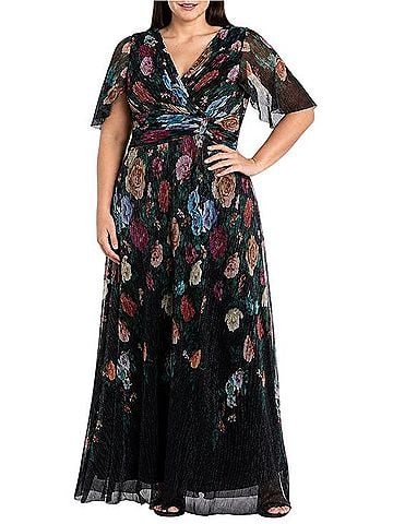 R&M Richards Floral Pleated Foil Maxi Cocktail Dress (view 1)