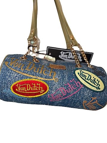 Von Dutch Long Barrel Bag in Light Denim with patches Shoulder Bag (view 1)