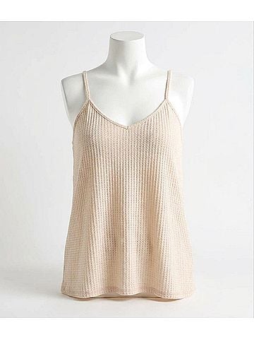 Umgee Waffle Knit V-Neck Tank Top in Natural (view 1)