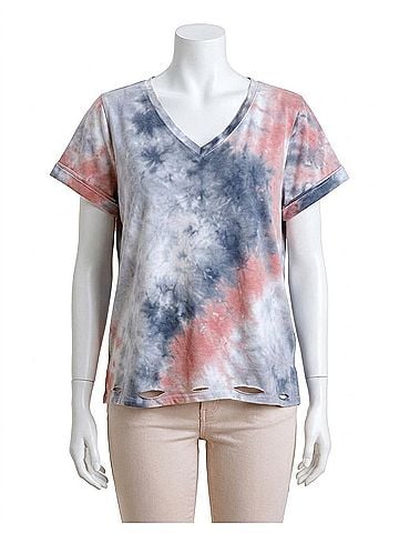 Umgee Distressed Tie Dye Top in Grey/Rose (view 1)