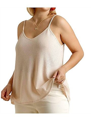 Umgee Waffle Knit V-Neck Tank Top in Natural (view 2)