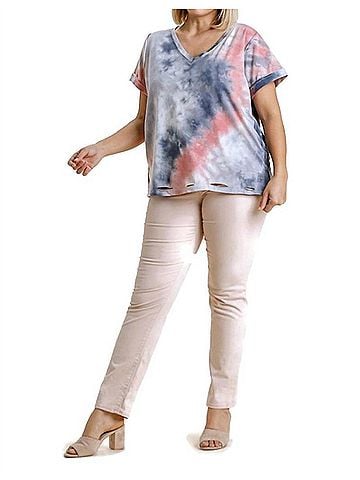 Umgee Distressed Tie Dye Top in Grey/Rose (view 2)