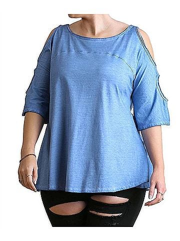 Umgee Mineral Washed Cold Shoulder Top - Plus in Indigo (view 2)