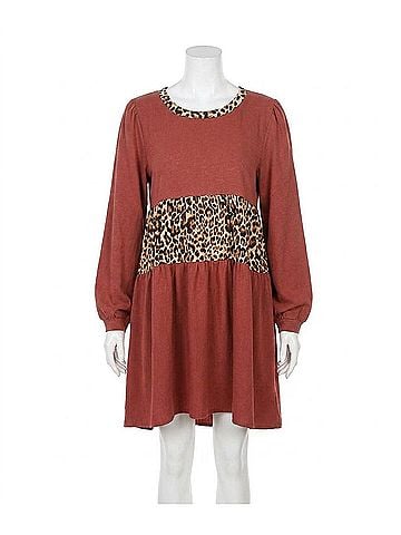Umgee Leopard Tiered Babydoll Dress in Brick (view 1)