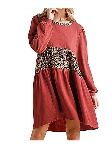 Umgee Leopard Tiered Babydoll Dress in Brick (view 2)