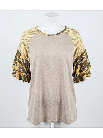 Umgee Camo Bell Sleeve Top in Stone (view 1)