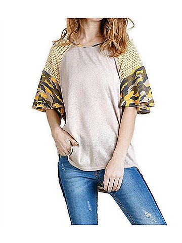 Umgee Camo Bell Sleeve Top in Stone (view 2)