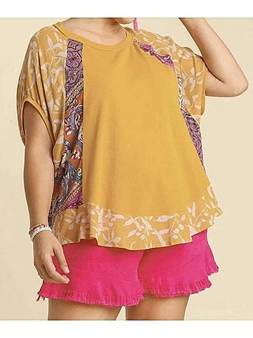 Umgee Mixed Print Short Sleeve Top in Goldenrod (view 2)