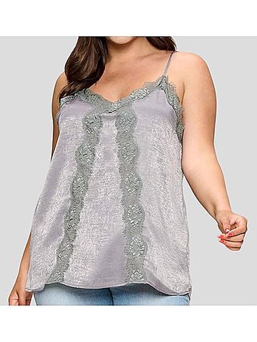 Oddi Solid Satin Sleeveless Cami Woven Tank - Plus in Grey (view 2)