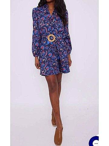 Sail to Sable Aztec Floral Belted Long Sleeve Tunic Dress in Blue (view 2)