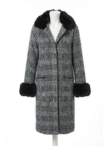 Joseph Ribkoff Plaid Print Faux Fur Coat in Black/White (view 1)