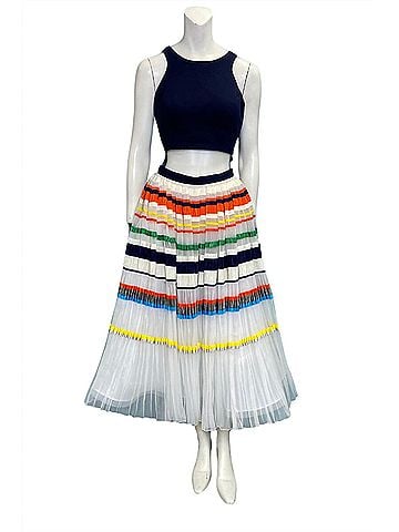 Jovani Two Piece Crop Top And Flowy Skirt in Navy Orange White Yellow Blue Green (view 1)