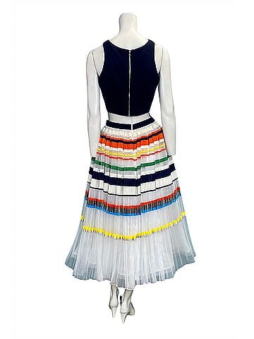 Jovani Two Piece Crop Top And Flowy Skirt in Navy Orange White Yellow Blue Green (view 2)