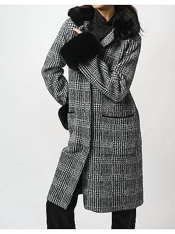 Joseph Ribkoff Plaid Print Faux Fur Coat in Black/White (view 2)