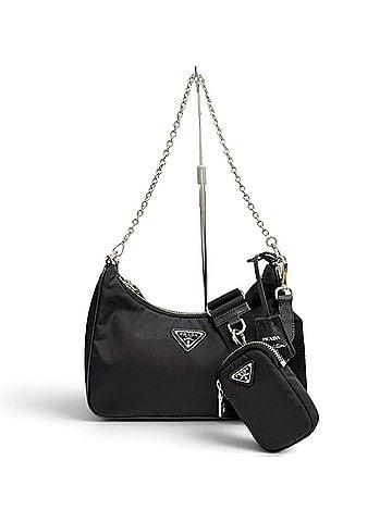 Prada PRADA 1BH204 Re-Edition 2005 Re-Nylon Triangle Logo 2-Way Shoulder Bag with Chain Strap and Pouch, Black, Silver Hardware, Made in Italy, Women's, Box. (view 1)