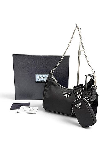 Prada PRADA 1BH204 Re-Edition 2005 Re-Nylon Triangle Logo 2-Way Shoulder Bag with Chain Strap and Pouch, Black, Silver Hardware, Made in Italy, Women's, Box. (view 2)