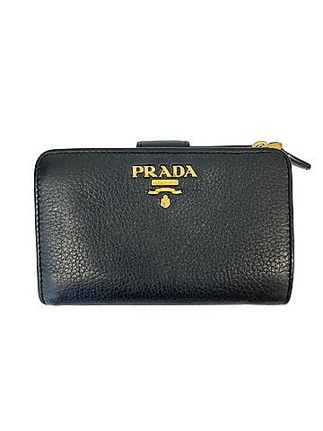 Prada PRADA Logo Plate Leather Compact Bi-fold Wallet, Black, Men's &amp; Women's (view 1)