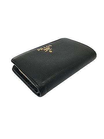 Prada PRADA Logo Plate Leather Compact Bi-fold Wallet, Black, Men's &amp; Women's (view 2)
