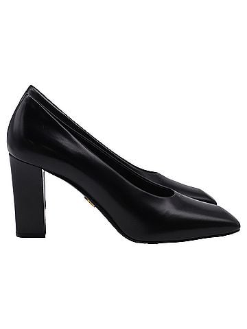 Prada Prada black 85mm Gold Logo Square Toe Pumps in Black Leather (view 1)