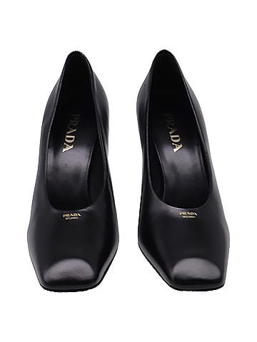 Prada Prada black 85mm Gold Logo Square Toe Pumps in Black Leather (view 2)