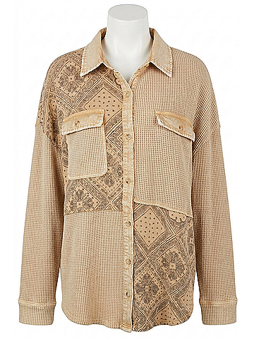 Easel Women's Light Print Mix Button Down Shirt in Toast (view 1)