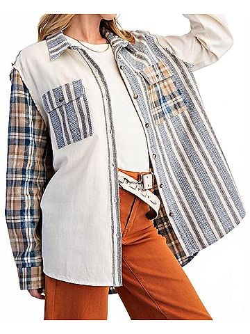 Easel Mixed Print Patchwork Top in Mix Plaid (view 2)