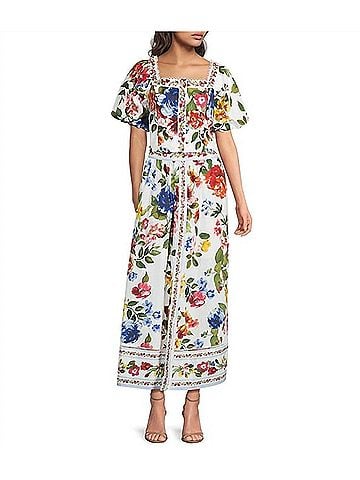 Skies Are Blue Floral Border Puff Sleeve Crop Top in Multi (view 2)