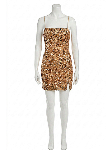 Mable Spaghetti Strap Bodycon Sequin Mini Dress With Side Slit in Taupe Blush/ Rose Gold (view 1)