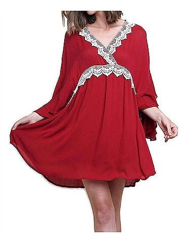 Umgee Layered Ruffle Bell Sleeve Dress in Red (view 2)