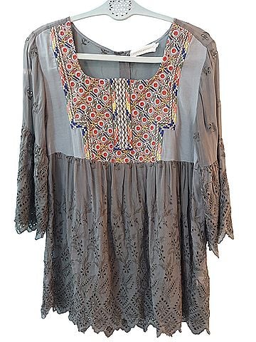 For Love And Liberty Geometric Embroidered 3/4 Sleeve Silk Top (view 1)