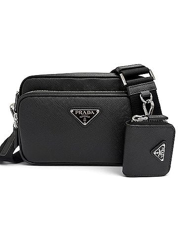 Prada PRADA 2VH170 Saffiano Leather Triangle Logo Shoulder Bag with Mini Pouch, Black, Made in Italy, Men's (view 1)
