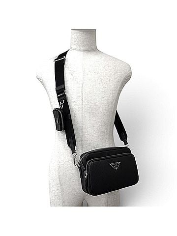 Prada PRADA 2VH170 Saffiano Leather Triangle Logo Shoulder Bag with Mini Pouch, Black, Made in Italy, Men's (view 2)