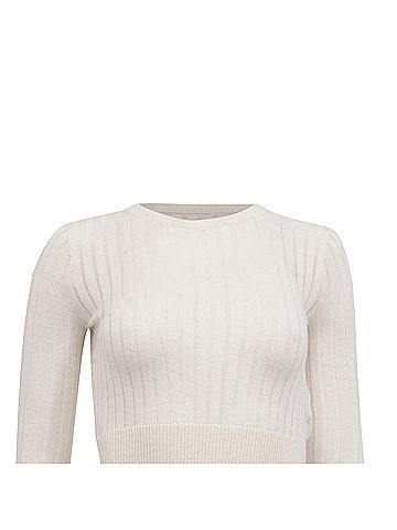 Max Mara Max Mara Studio Ribbed-Knit Cropped Sweater in White Silk (view 2)