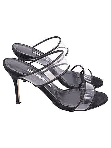 Manolo Blahnik Manolo Blahnik PVC Strap Heeled Mules in Black Suede (view 1)