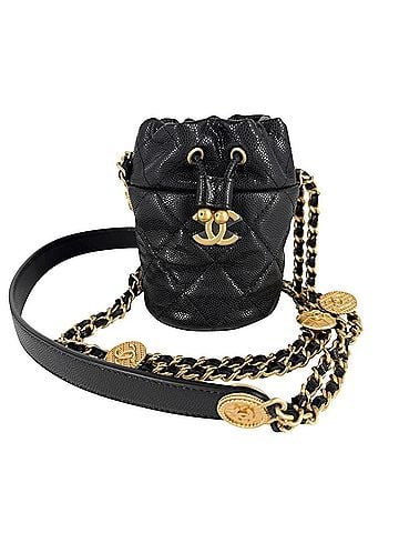 Chanel Chanel Women's Matelassé Shoulder Bag, Coco Mark Mini Drawstring, Crossbody CHANEL Caviar Leather, Black, Gold Hardware (view 1)