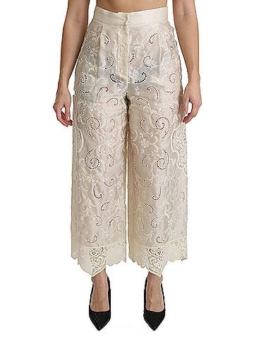Dolce & Gabbana Cream Lace High Waist Palazzo Cropped Women's Pants (view 1)
