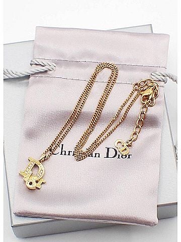Dior Vintage Dior Logo Metal And Crystal Gold Gold_Plated Necklace Jewelry (view 1)