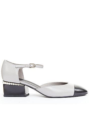 Chanel Chanel grey leather pearl trimmed CC logo block heel pumps (view 1)