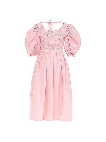 Miu Miu Miu Miu pink silk white flower embroidered smocked dress (view 1)