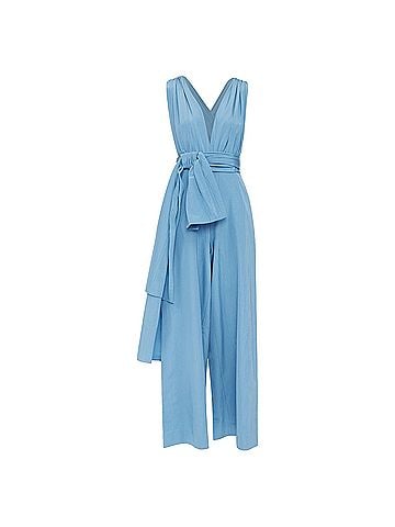 Oscar De La Renta Oscar de la Renta sky blue moire faille sash tie jumpsuit (view 1)