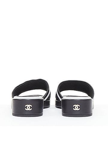 Chanel Chanel black white logo embroidered lambskin heeled mules (view 2)