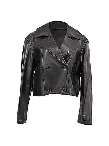Theory Theory Double-Breasted Cropped Jacket in Black Lamb Leather (view 1)