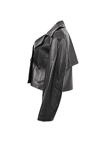 Theory Theory Double-Breasted Cropped Jacket in Black Lamb Leather (view 2)