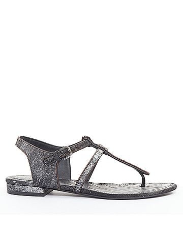 Chanel Chanel Black Leather Metallic Trim T-Strap Flat Sandals (view 1)