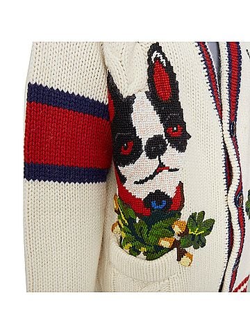Gucci Gucci Bosco Orso Dog Bulldog red cream wool needlepoint cardigan (view 2)