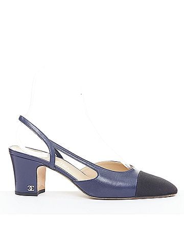 Chanel Chanel Blue Leather Grosgrain Cap Toe Slingback Pumps (view 1)